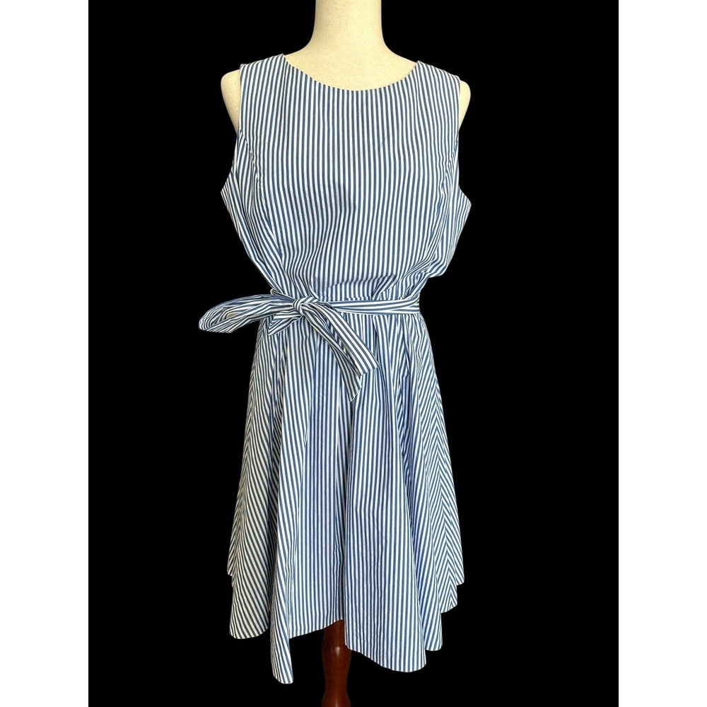 PAPPAGALLO Royal Denim & White Striped Sleeveless Mini Fit & Flare Dress Size 10